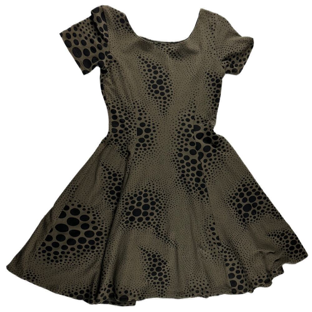 EUC Rare Nooworks Olive Green Polka Dot Short Sleeve Mini Dress Women’s Sz Small - Picture 2 of 8